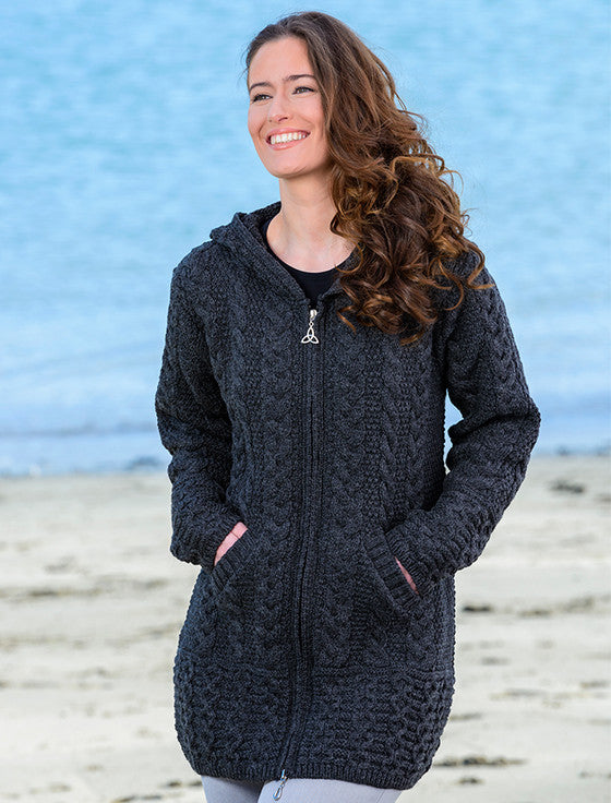Aran Irish Hooded Coat Sweater Charcoal (HD4025)