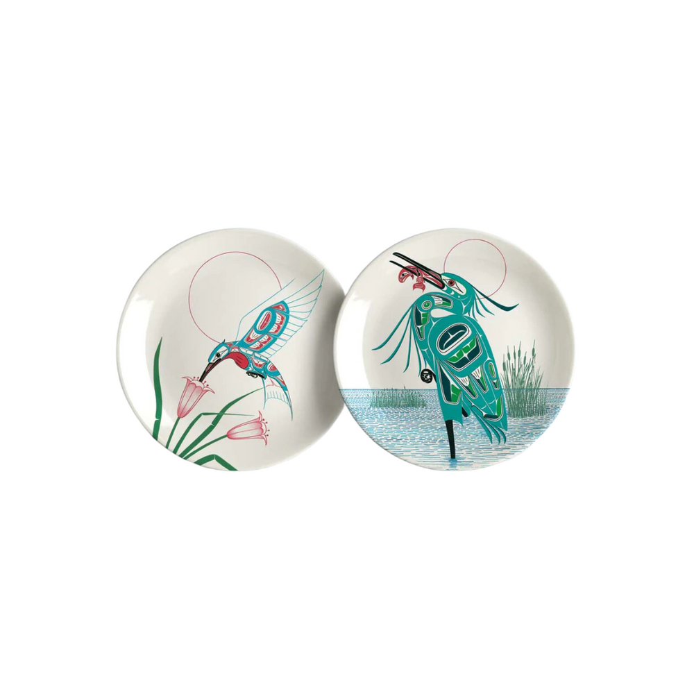 Indigenous Art Plate set of 2 / Green Heron & Hummingbird