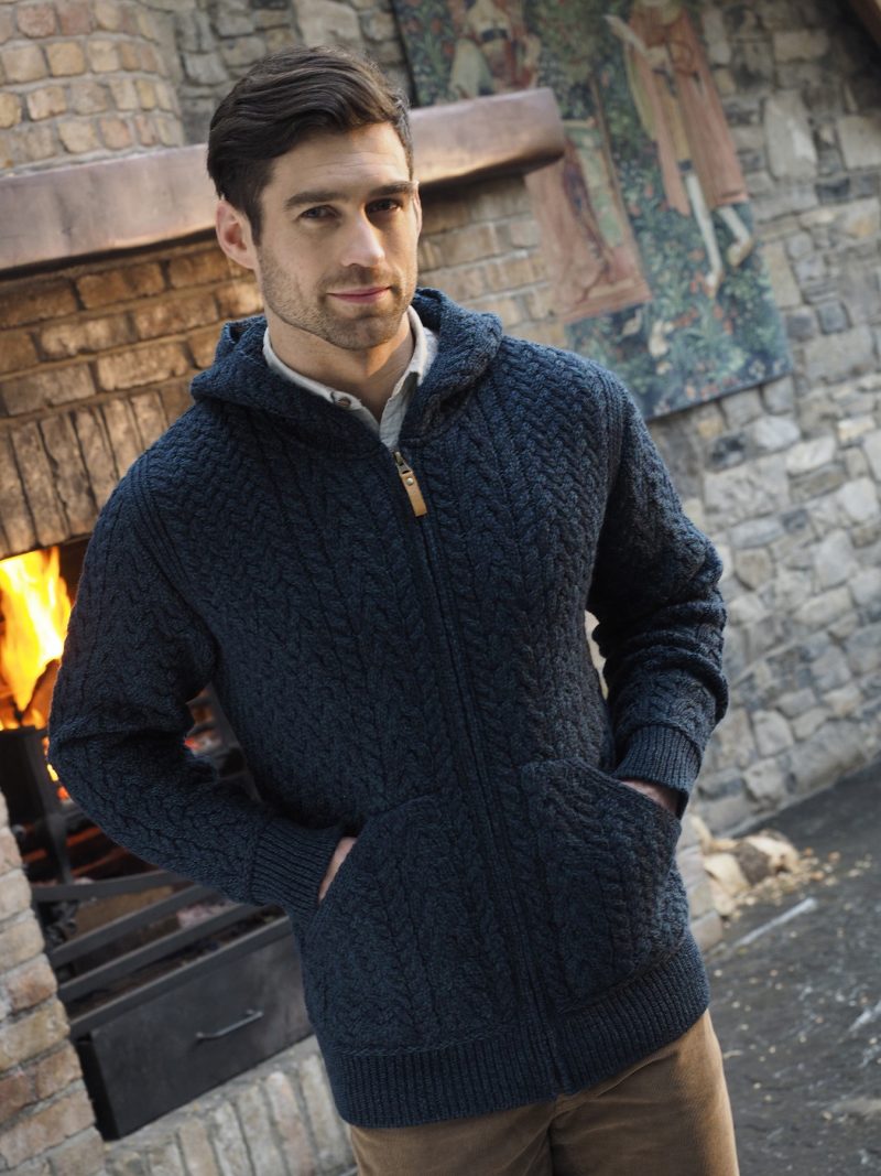 100% Merino Wool Mens Cable Knit Hooded Cardigan, Blackwatch Colour