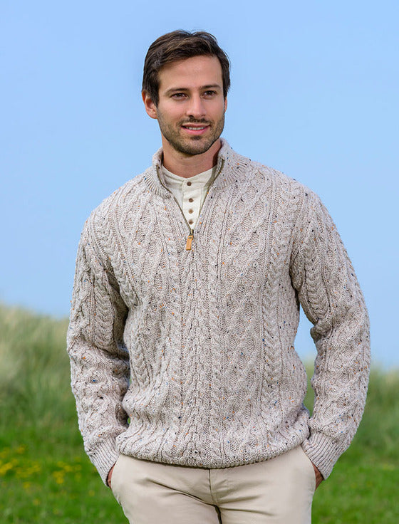 Dusky Charcoal, Pure Wool Knitted Aran Cable Zip Neck Sweater