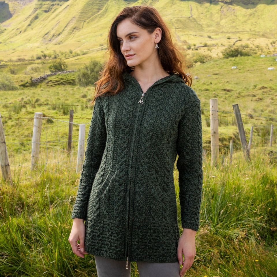 Aran Irish Hooded Coat Sweater Army Green (HD4025)