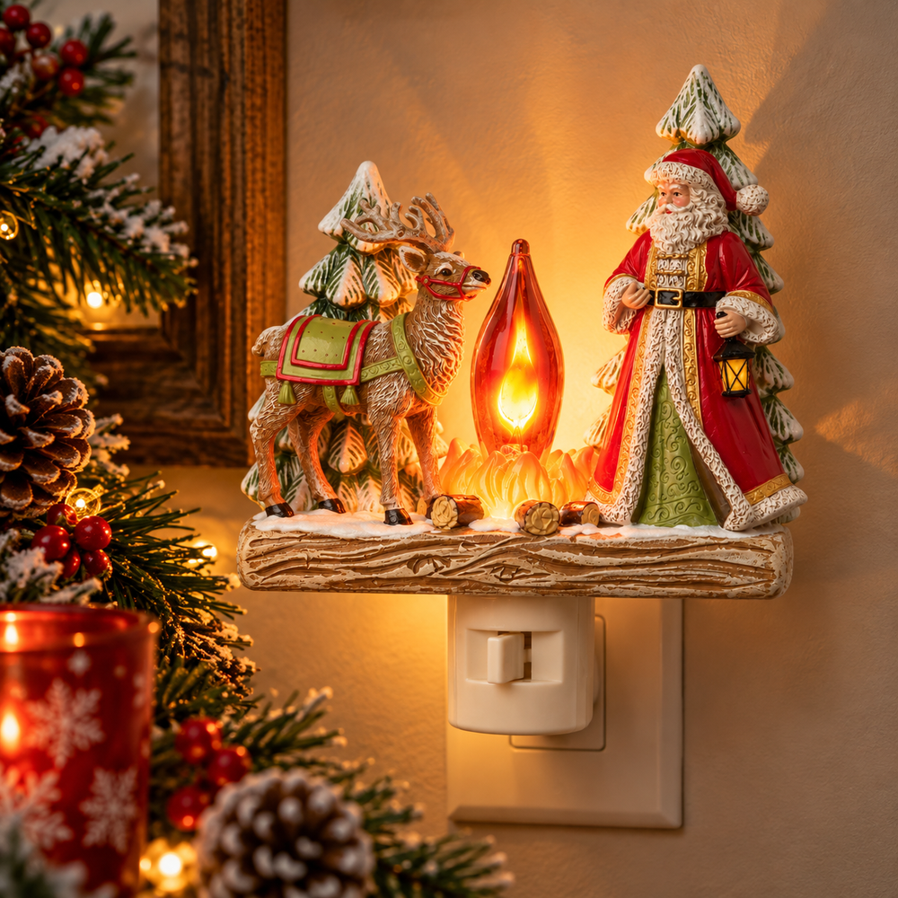 Nightlight - Woodland Santa with Reindeer by Fire
