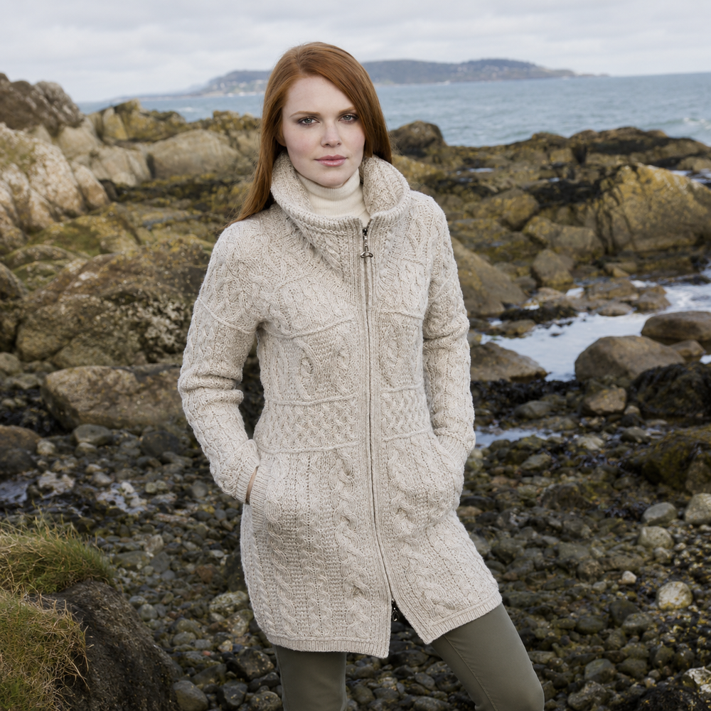Aran Irish Women's Double Collar Zip Coat - Parsnip (X4263)