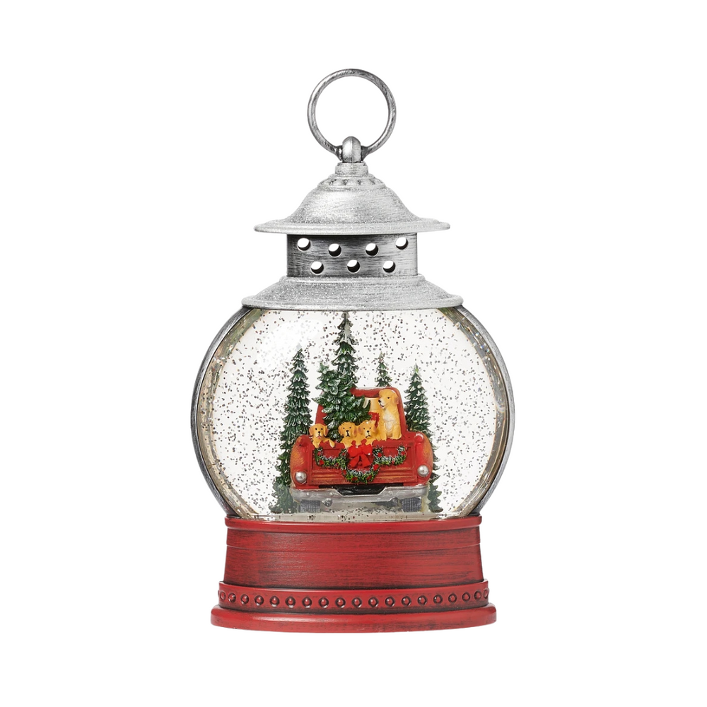 Roman Lighted Swirl Dogs in Red Truck Lantern 10" (USB)