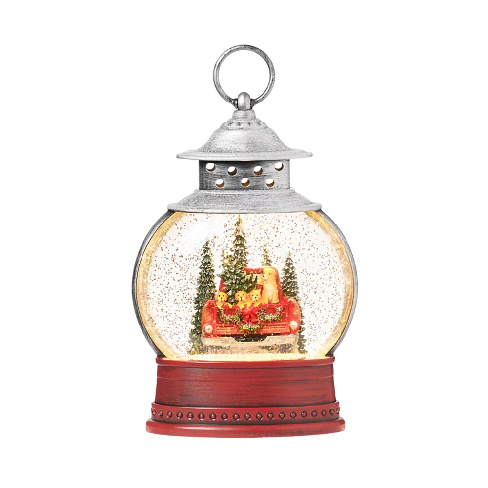 Roman Lighted Swirl Dogs in Red Truck Lantern 10" (USB)