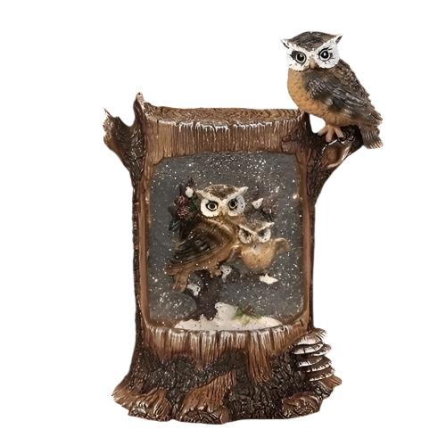 Swirl Lantern - Owl Family on Tree Stump