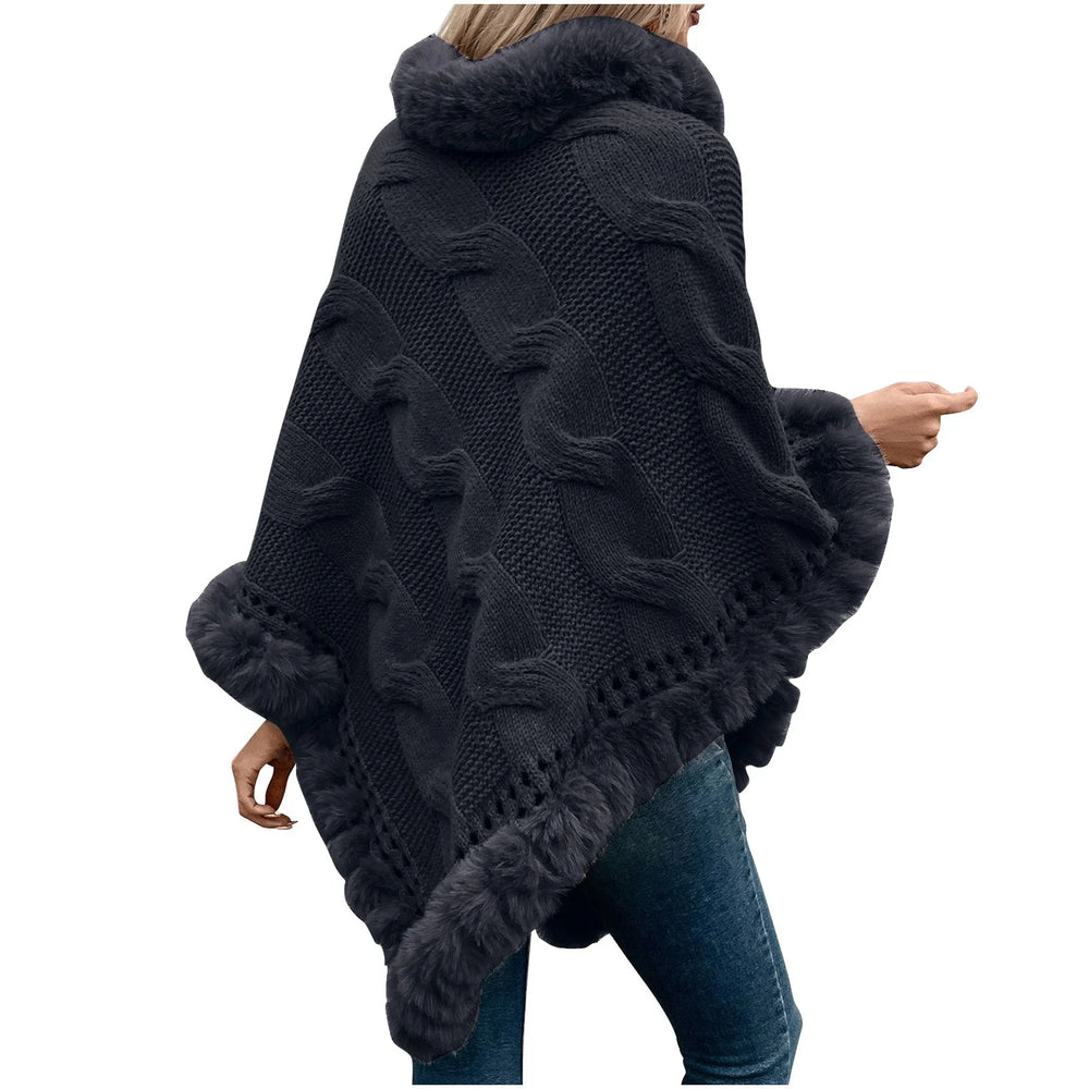 Grand Fur Collar & Trim Black Knit Poncho