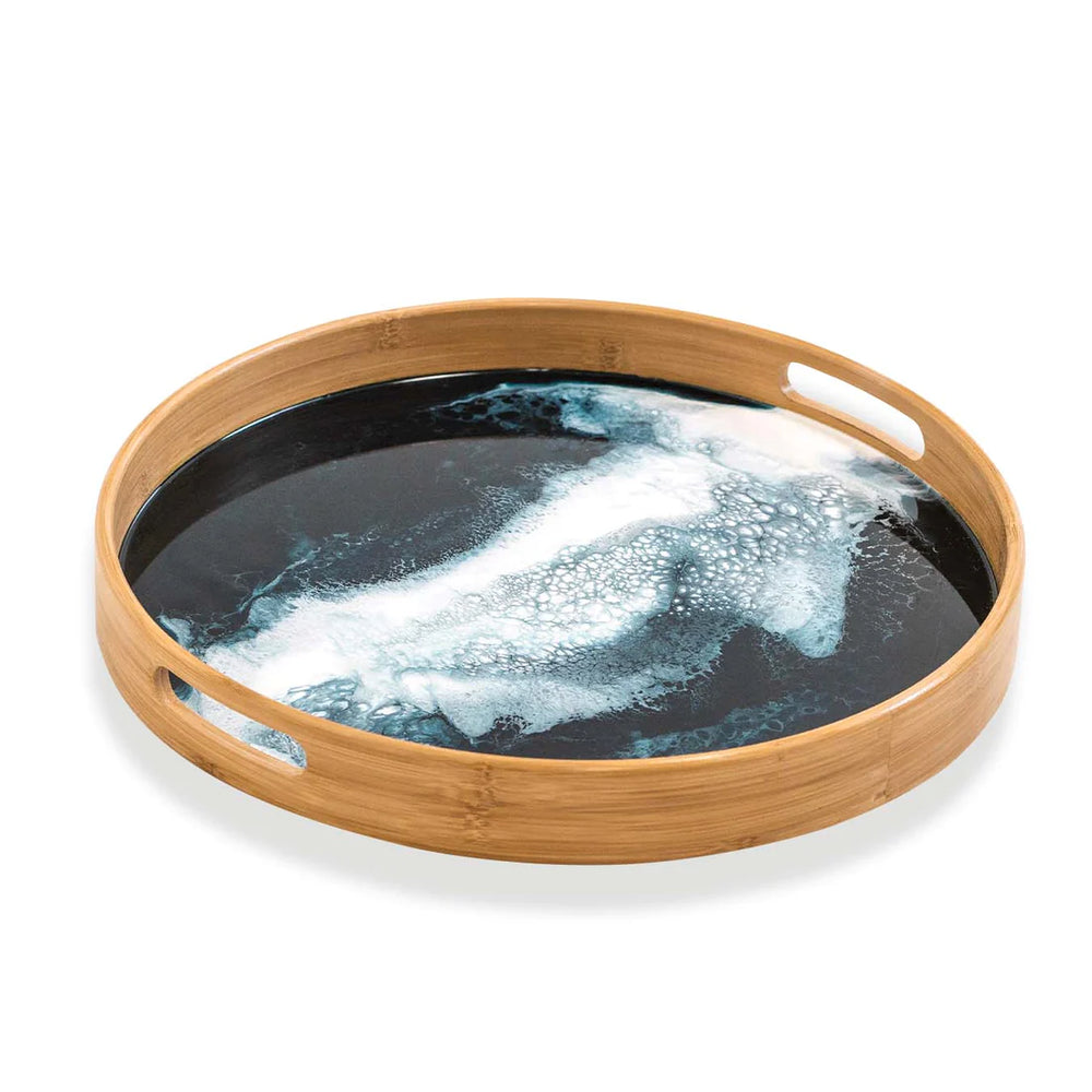 Lynn & Liana Navy Metallic-Round Bamboo Tray (16")