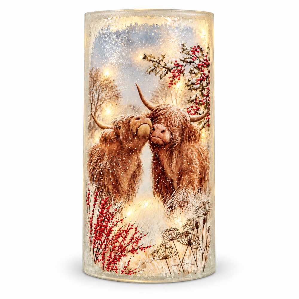 SC Highland Cow Couple Pre-Lit Glass Vase