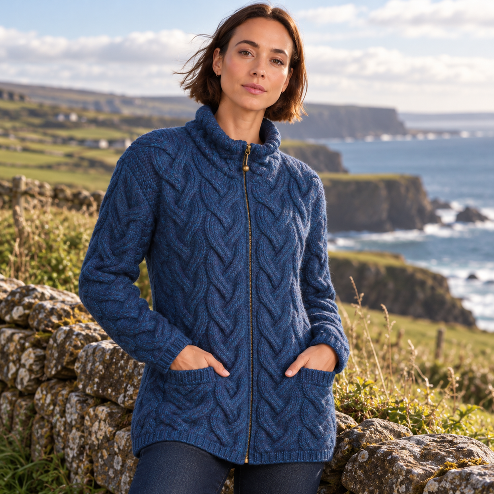 Aran Wool Super Soft Chunky Cable Zippered Sweater Ink