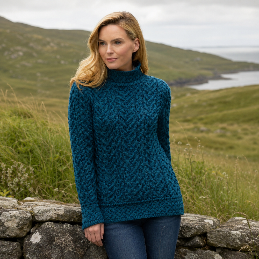 Aran Irish Women's Heart High Neck Sweater - Teal (C4767)