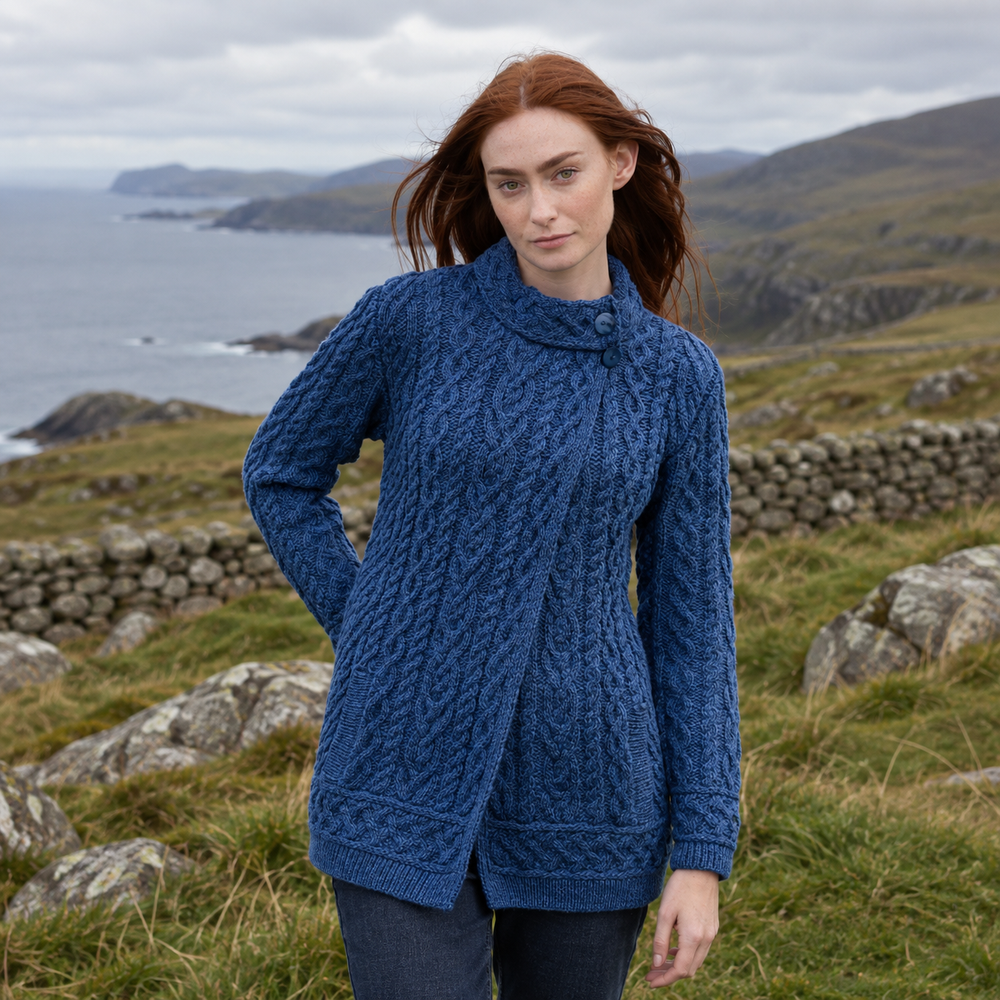 Aran Irish Women's Side Button Cardigan - Marl Blue (X5071)
