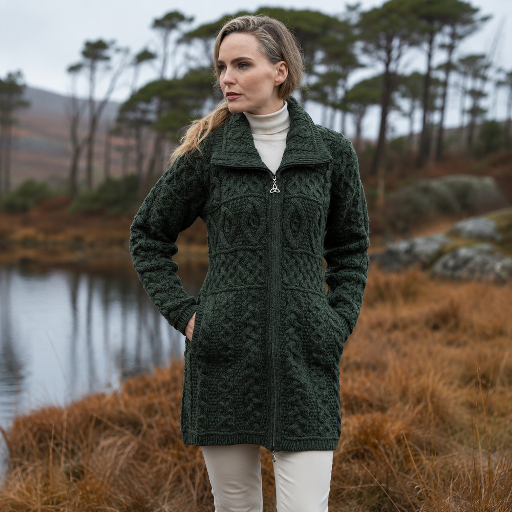Aran Irish Women's Double Collar Zip Coat - Army Green (X4263)