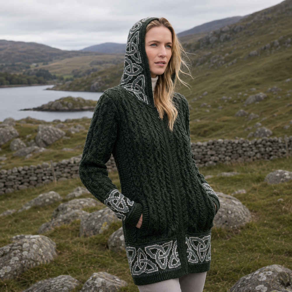 Aran Irish Women's Jacquard Celtic Hooded Coat - Army Green (HD5464)
