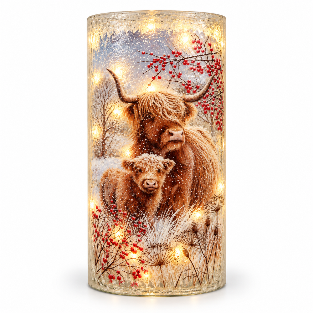 SC Highland Cow and Calf Pre-Lit Glass Vase