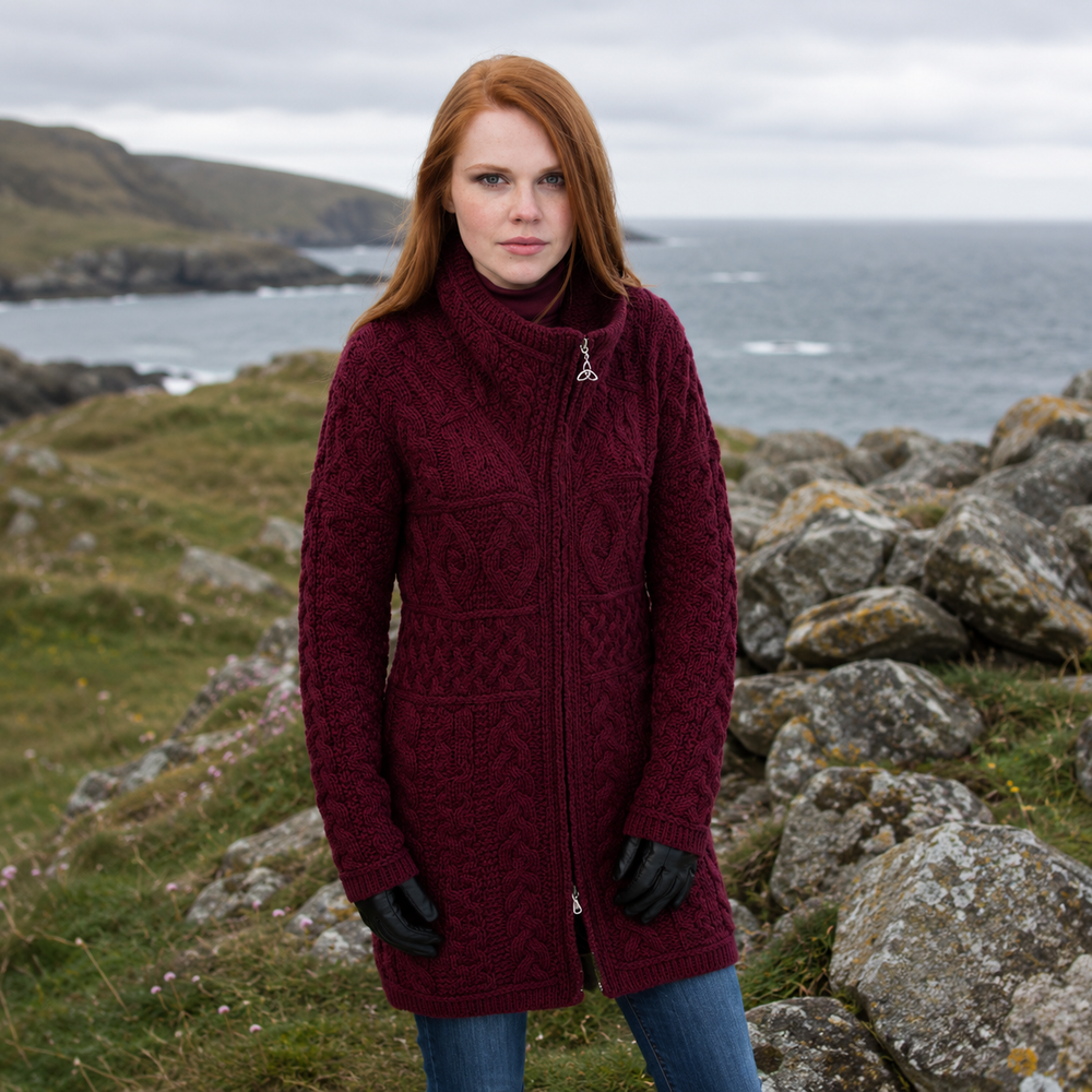 Aran Irish Women's Double Collar Zip Coat - Wine X4263