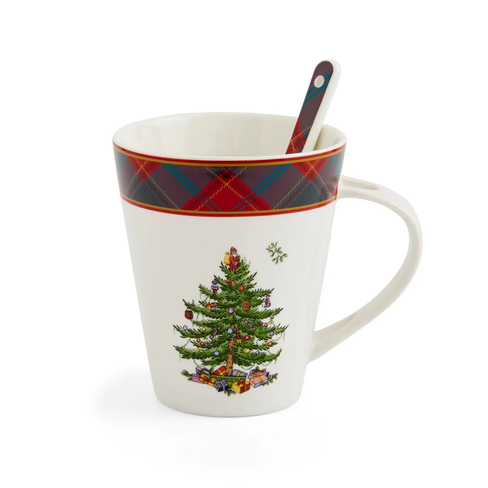 Spode Christmas Tree Tartan Mug & Spoon Set 14oz