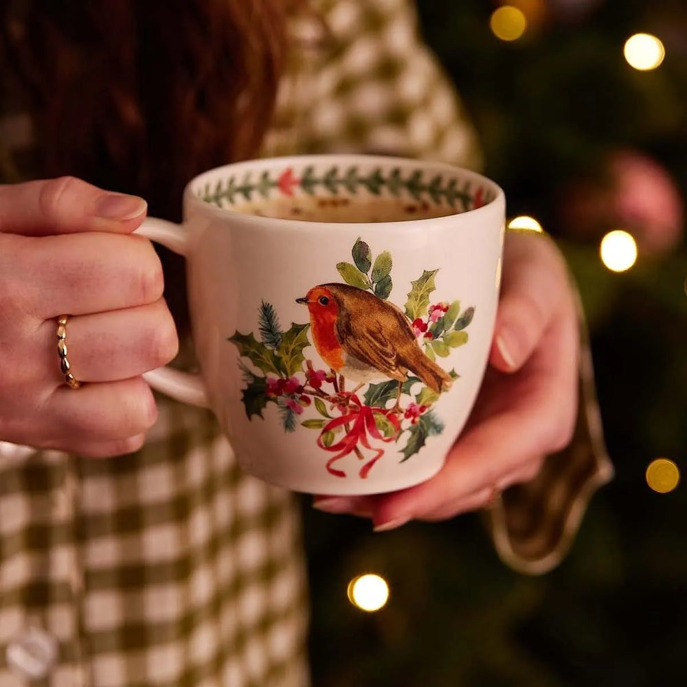 Portmeirion Botanic Garden Christmas Holly Robin Latte Mug 14oz