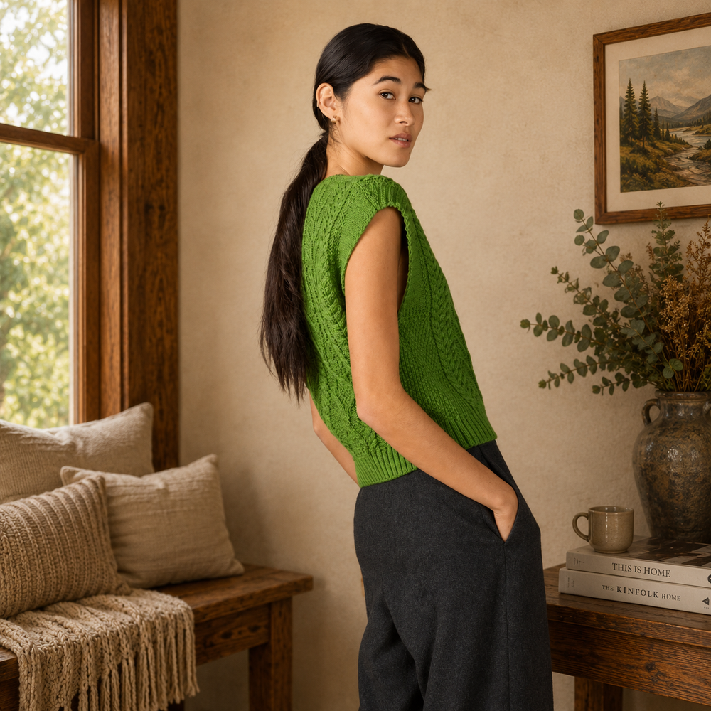 Irelands Eye Sweetpea V-Neck Diamond Vest - Moss (A947)
