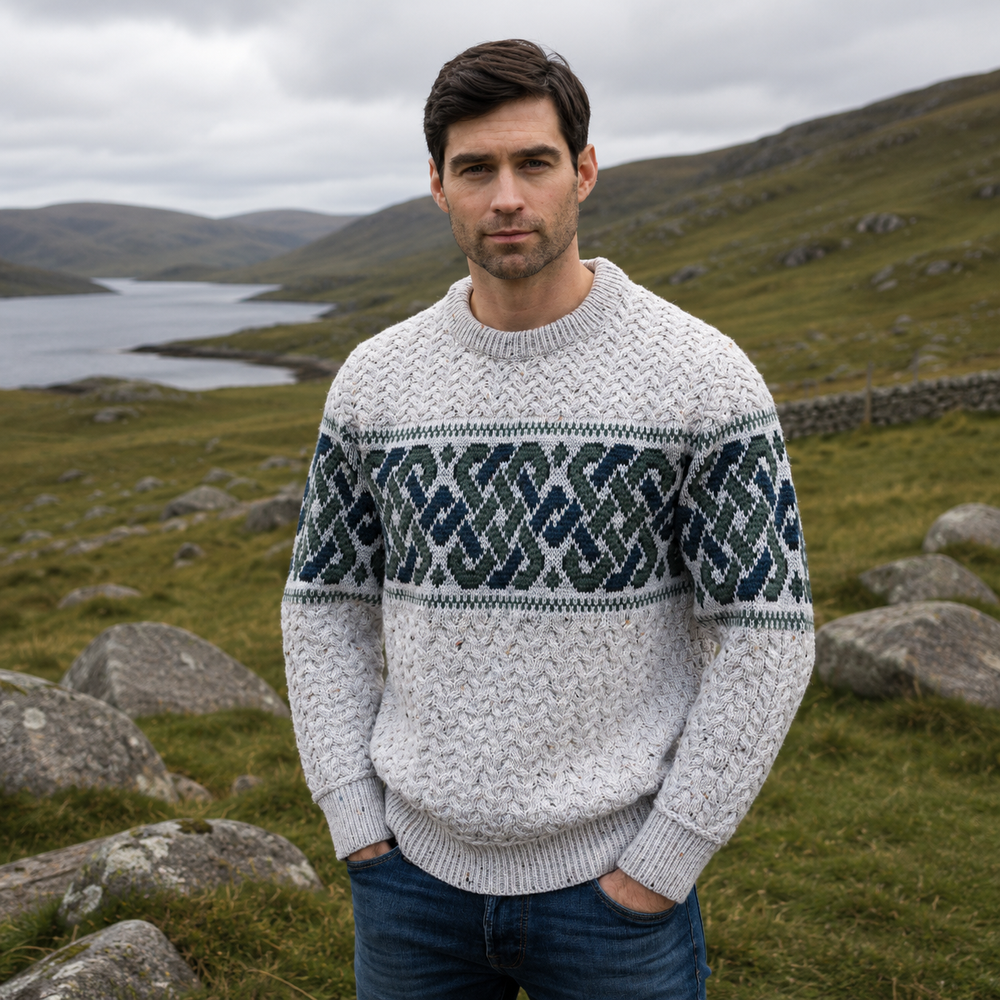Aran Irish Celtic Crew Neck Sweater - Oatmeal (C5349)