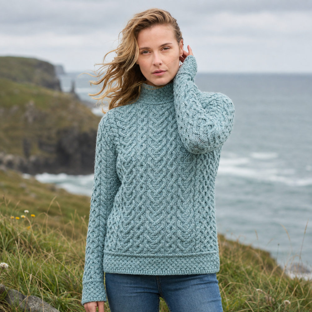 Aran Irish Women's Heart High Neck Sweater - Mermaid (C4767)
