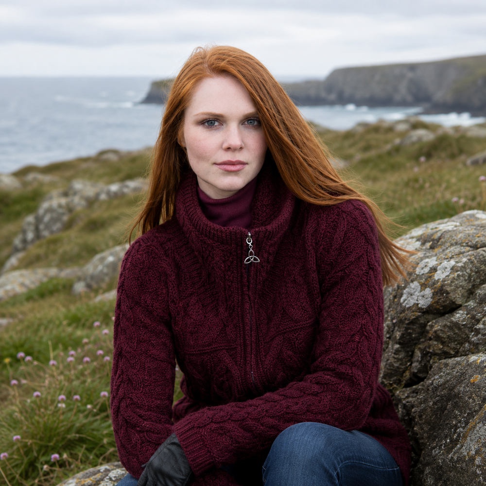 Aran Irish Women's Double Collar Zip Coat - Wine X4263