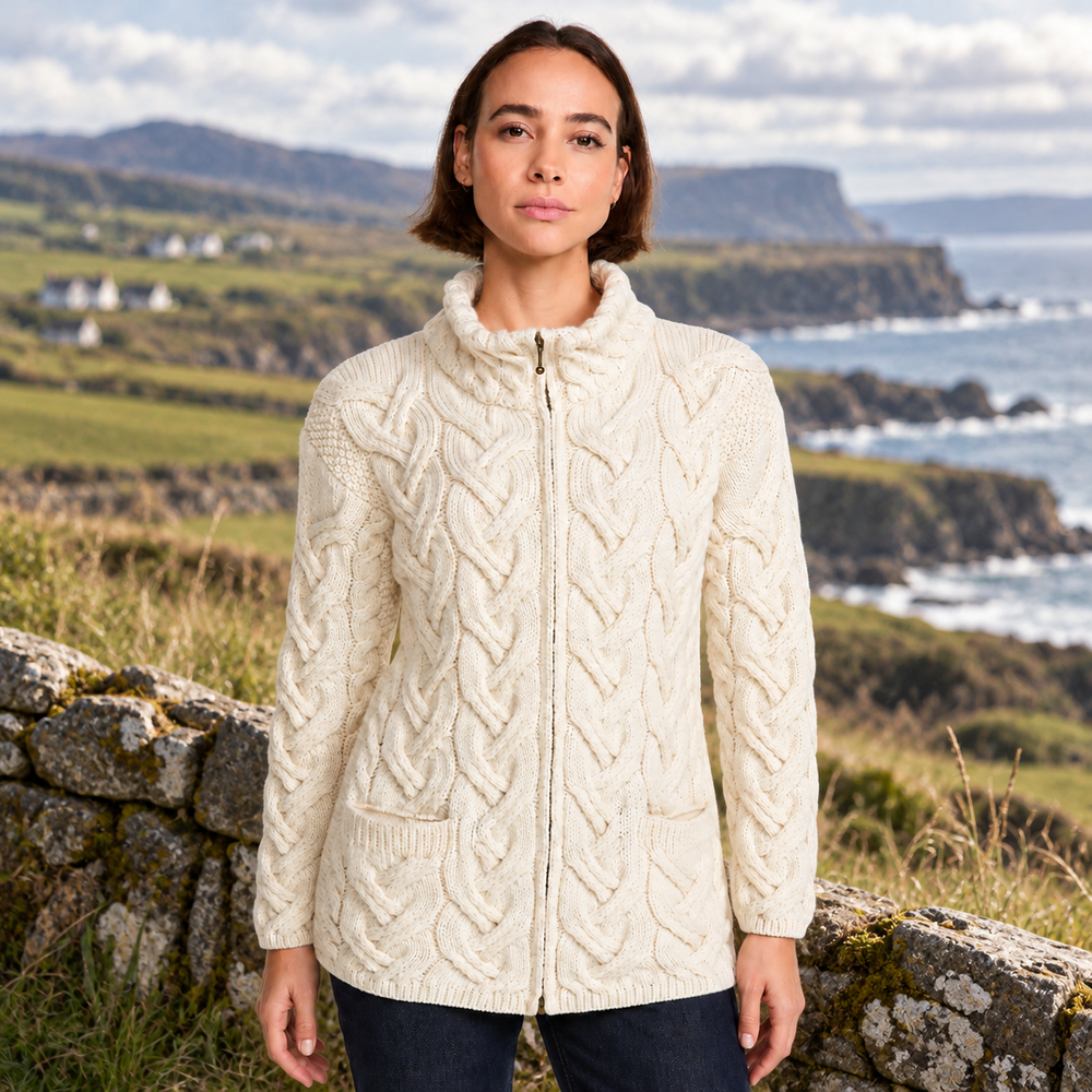 Aran Wool Super Soft Chunky Cable Zippered Sweater Natural