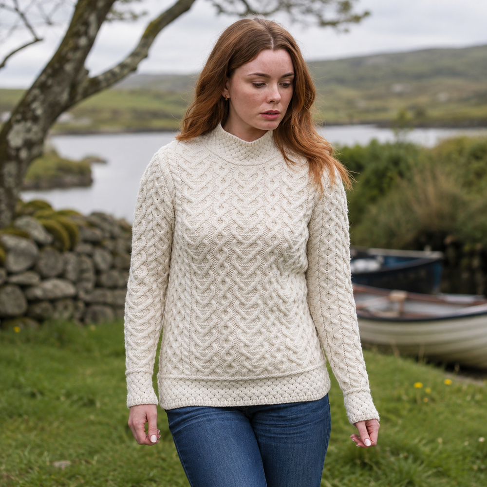 Aran Irish Women's Heart High Neck Sweater - Natural (C4767)