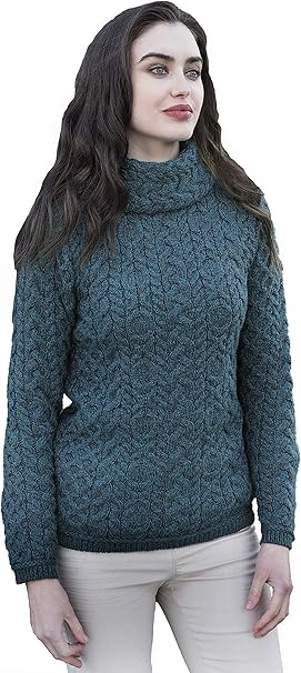 Aran Irish Women's Cowl Neck Sweater - Peacock (CW4885)