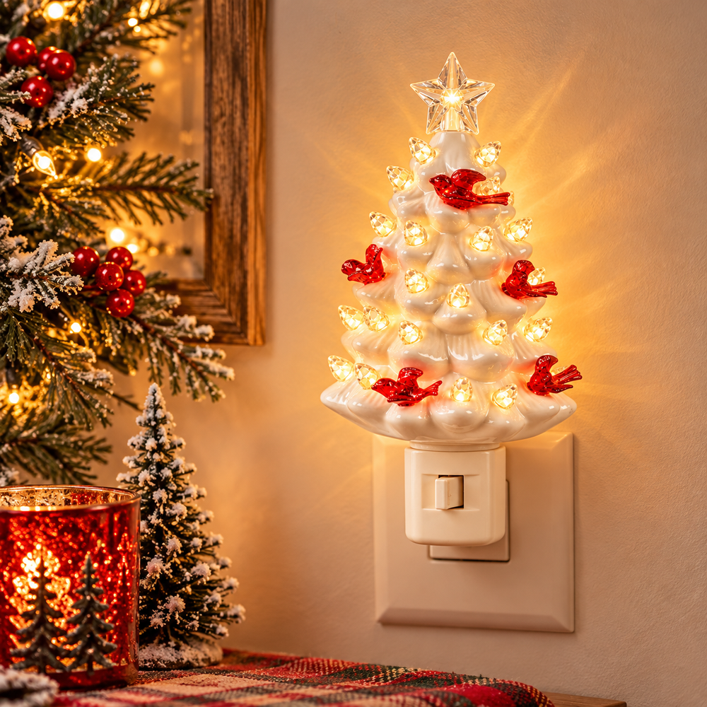 Nightlight - White Christmas Tree with Cardinals