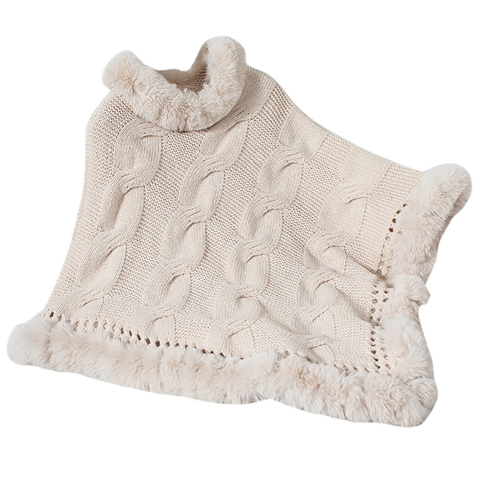Grand Fur Collar & Trim Cream Knit Poncho