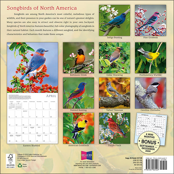 Sellers Publishing Wall Calendar Songbirds of North America
