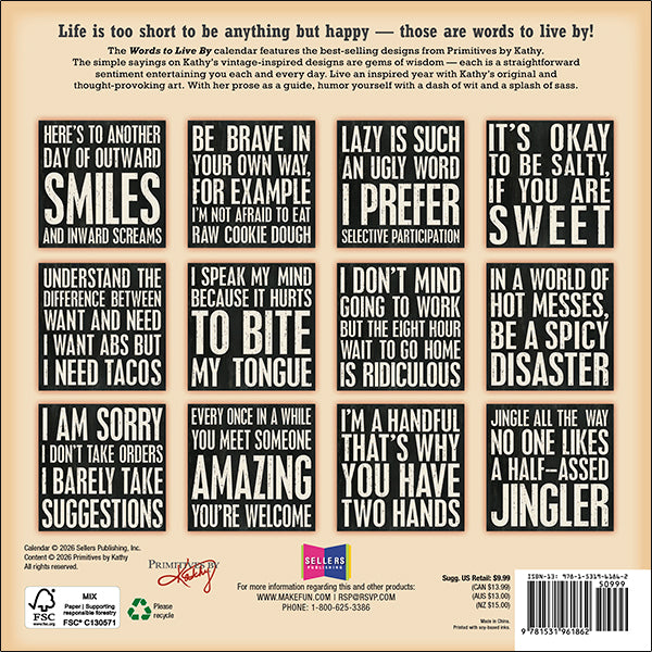 Sellers Publishing Mini Calendar Words to Live By