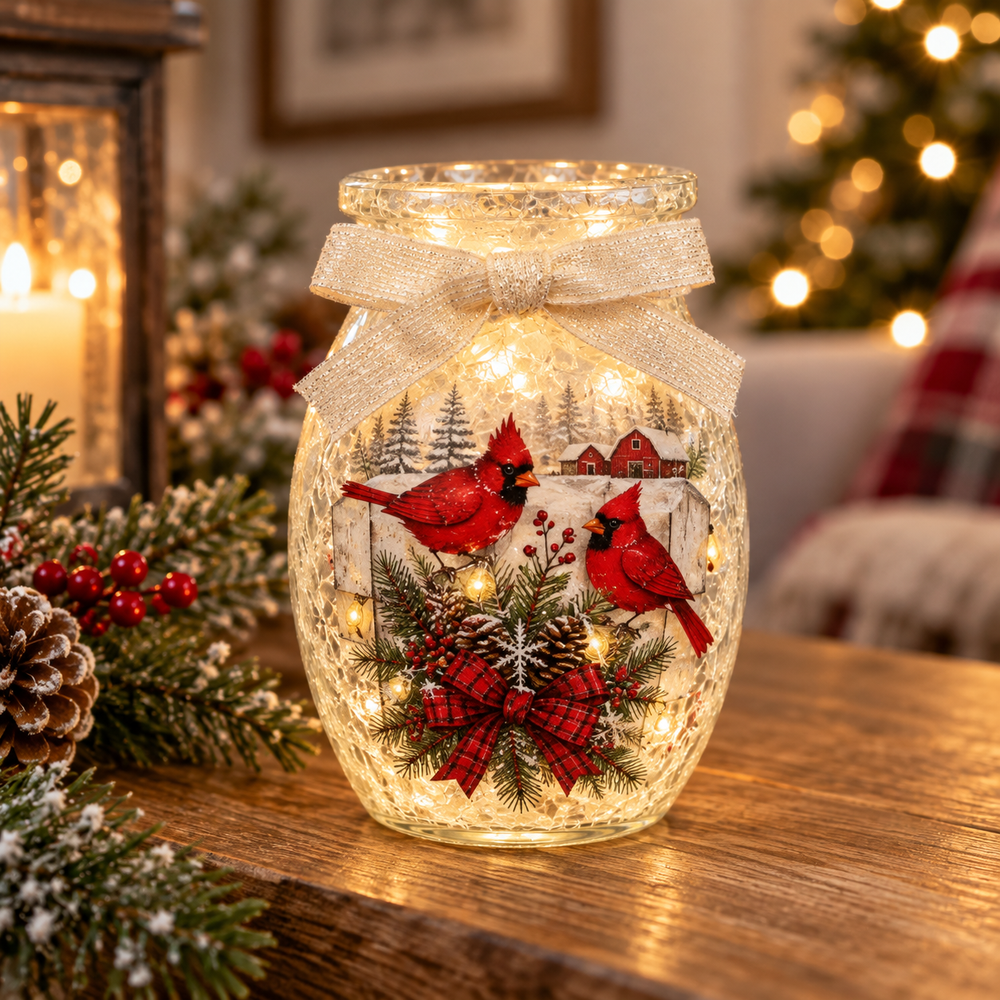 SC Cardinals on Wreath Pre-Lit Small Jar