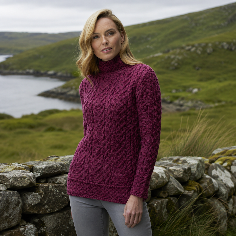 Aran Irish Women's Heart High Neck Sweater - ‎Magenta (C4767)