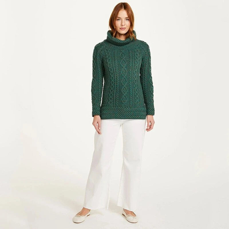 Aran Ladies Vented Roll Neck Sweater Connemara Green (A191)