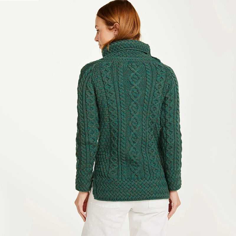 Aran Ladies Vented Roll Neck Sweater Connemara Green (A191)