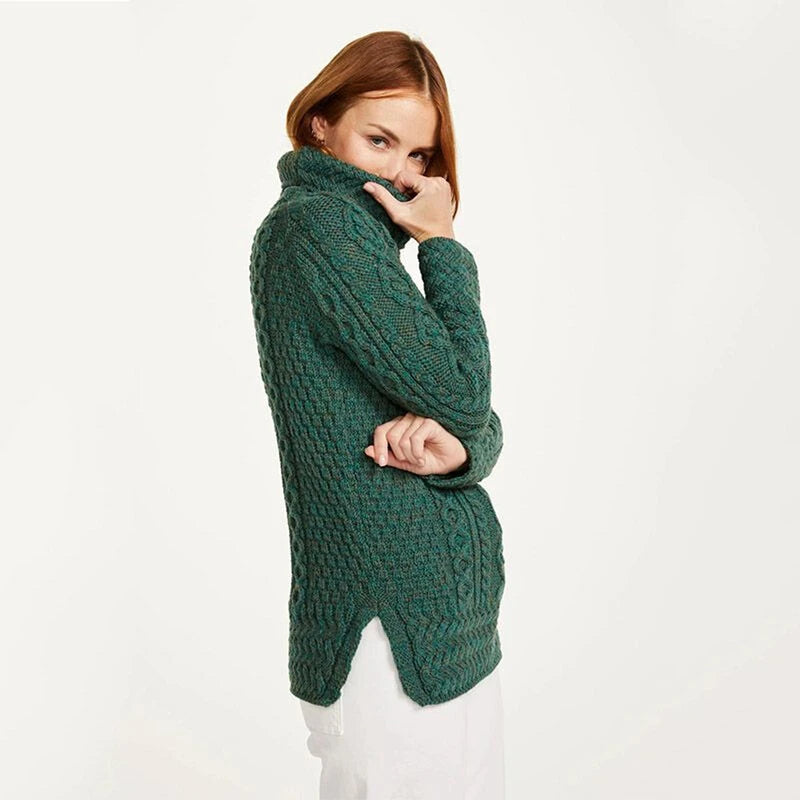 Aran Ladies Vented Roll Neck Sweater Connemara Green (A191)