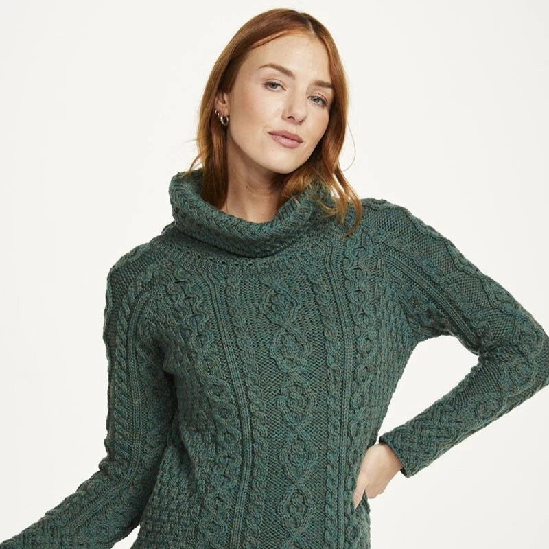 Aran Ladies Vented Roll Neck Sweater Connemara Green (A191)