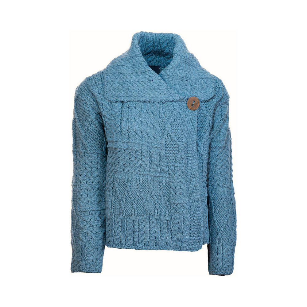 Aran Wool Patchwork Cardigan w/Collar - Misty Marl