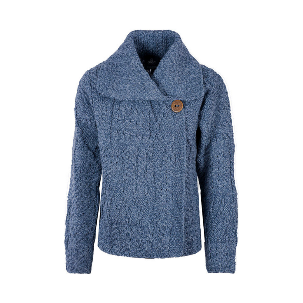 Aran Wool Patchwork Cardigan w/Collar - Denim