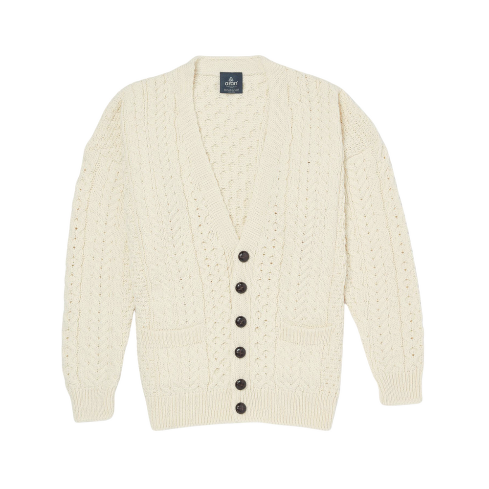 Aran Wool Button Up V-Neck Cardigan - Natural