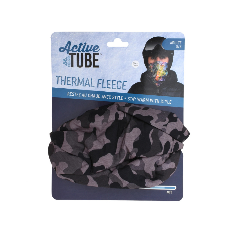 A packaged Active Tube Polar Adult thermal fleece neck and face covering with a  pattern.