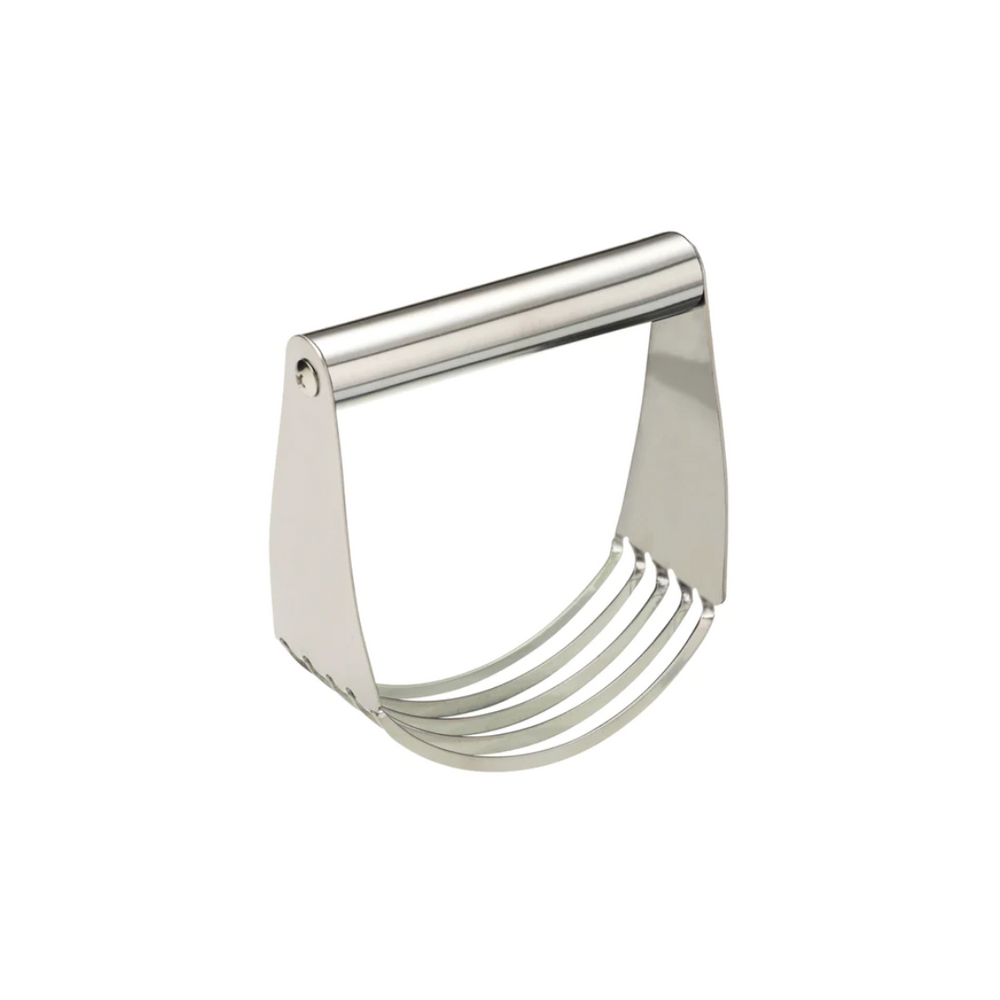 Stainless steel dough blender with cutting blades.