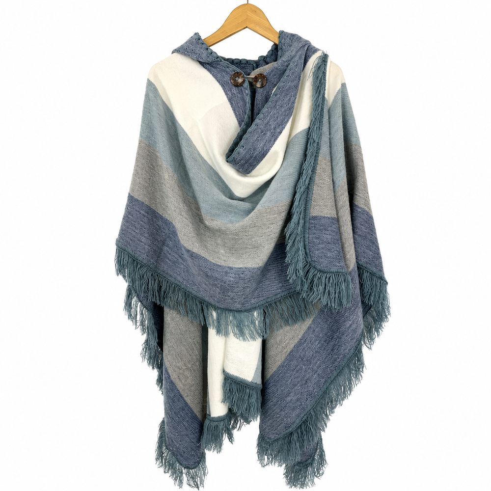 Alpaca Hooded Poncho - Blue Blue Fringe