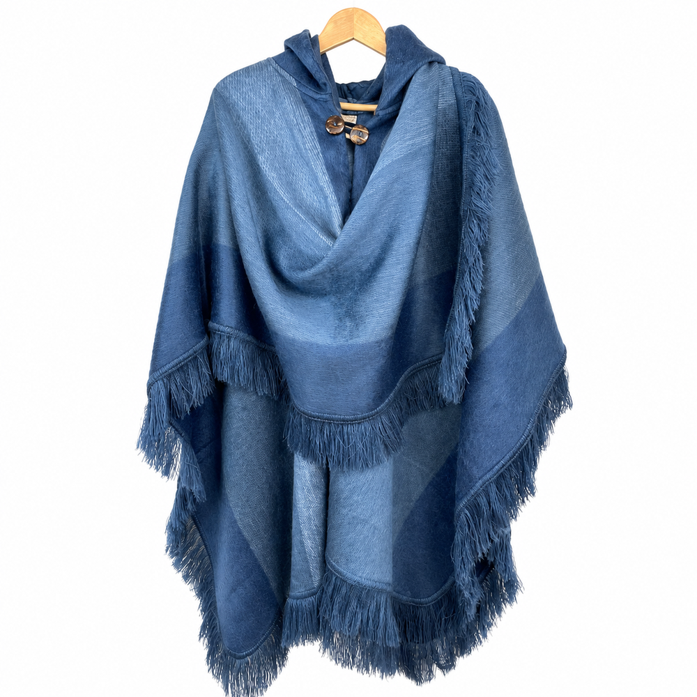 Alpaca Hooded Poncho - Blue Jeans Fringe