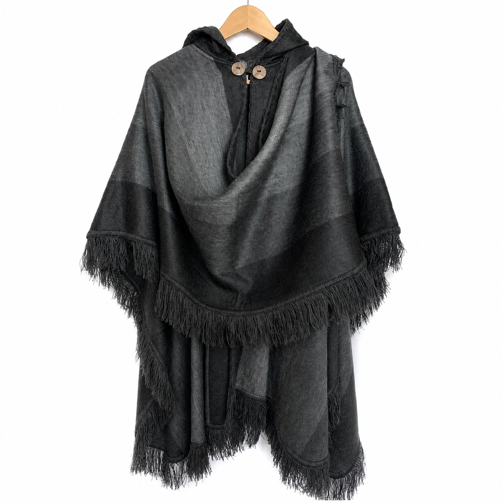 Alpaca Hooded Poncho - Charcoal Grey Fringe
