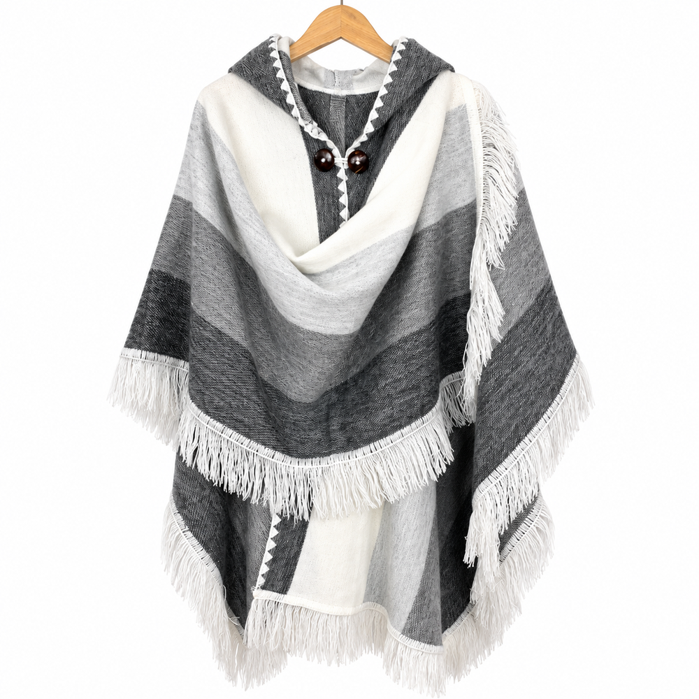 Alpaca Hooded Poncho - Grey White Fringe