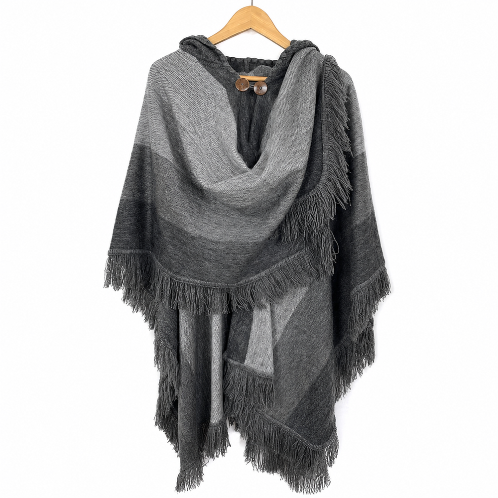 Alpaca Hooded Poncho - Medium Grey Fringe