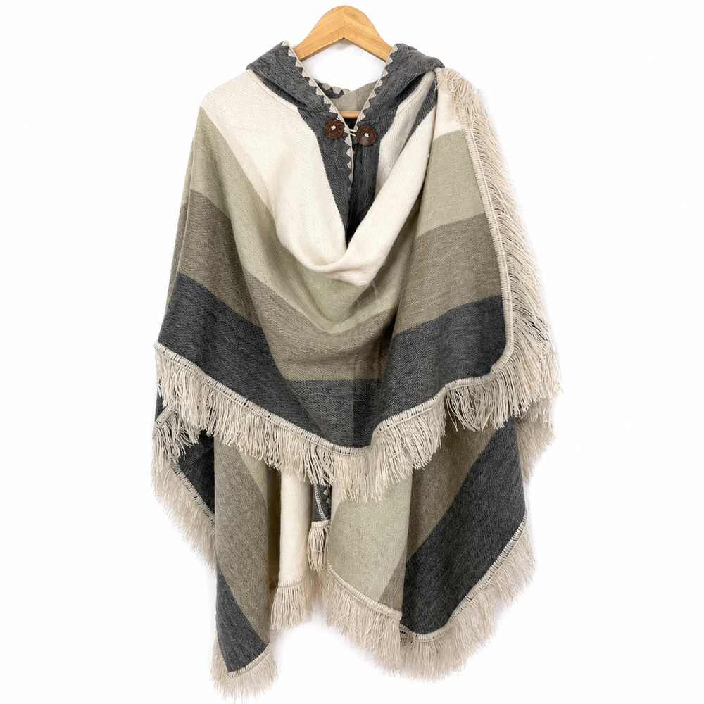 Alpaca Hooded Poncho - Mushroom Fringe